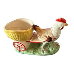 Vintage Germany Hen Pulling Cart Ceramic Egg Holder Figurine Multicolor